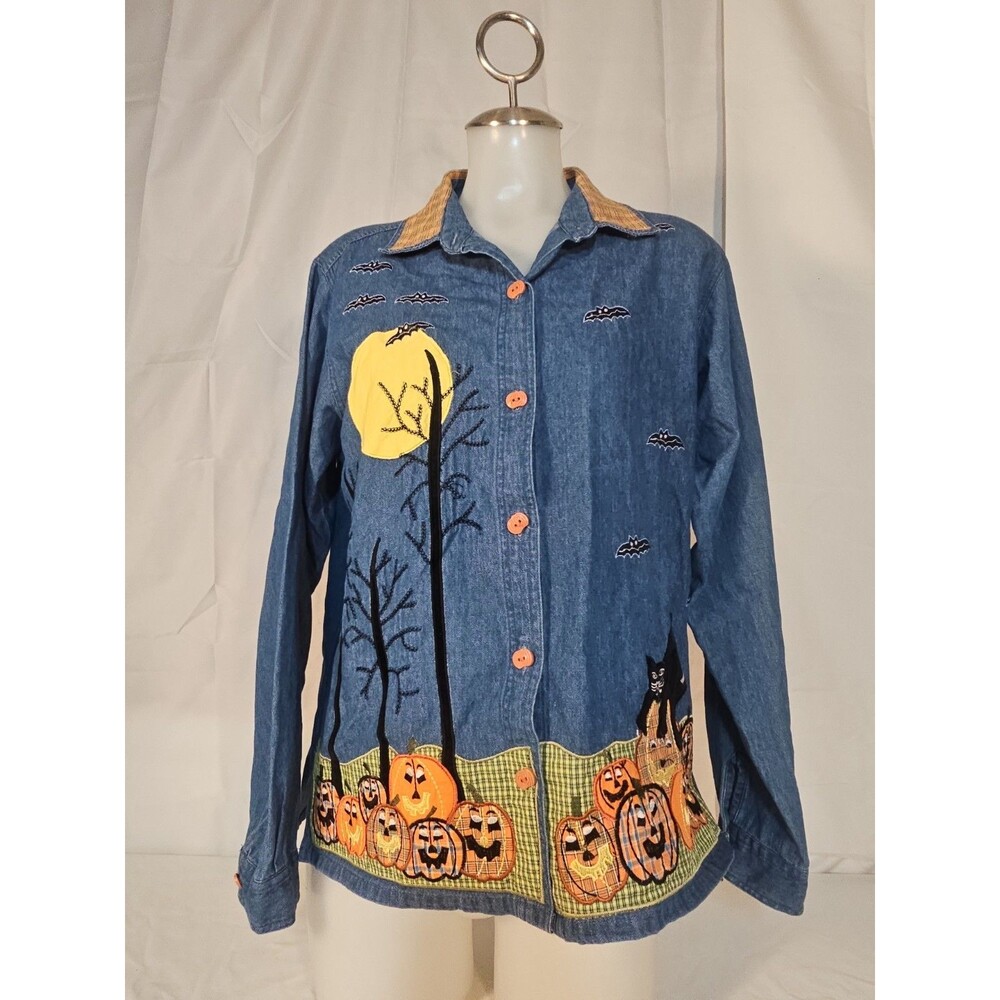 Vintage Tantrums Womens M Halloween Denim Shirt Black Cat Pumpkin Bats 90s